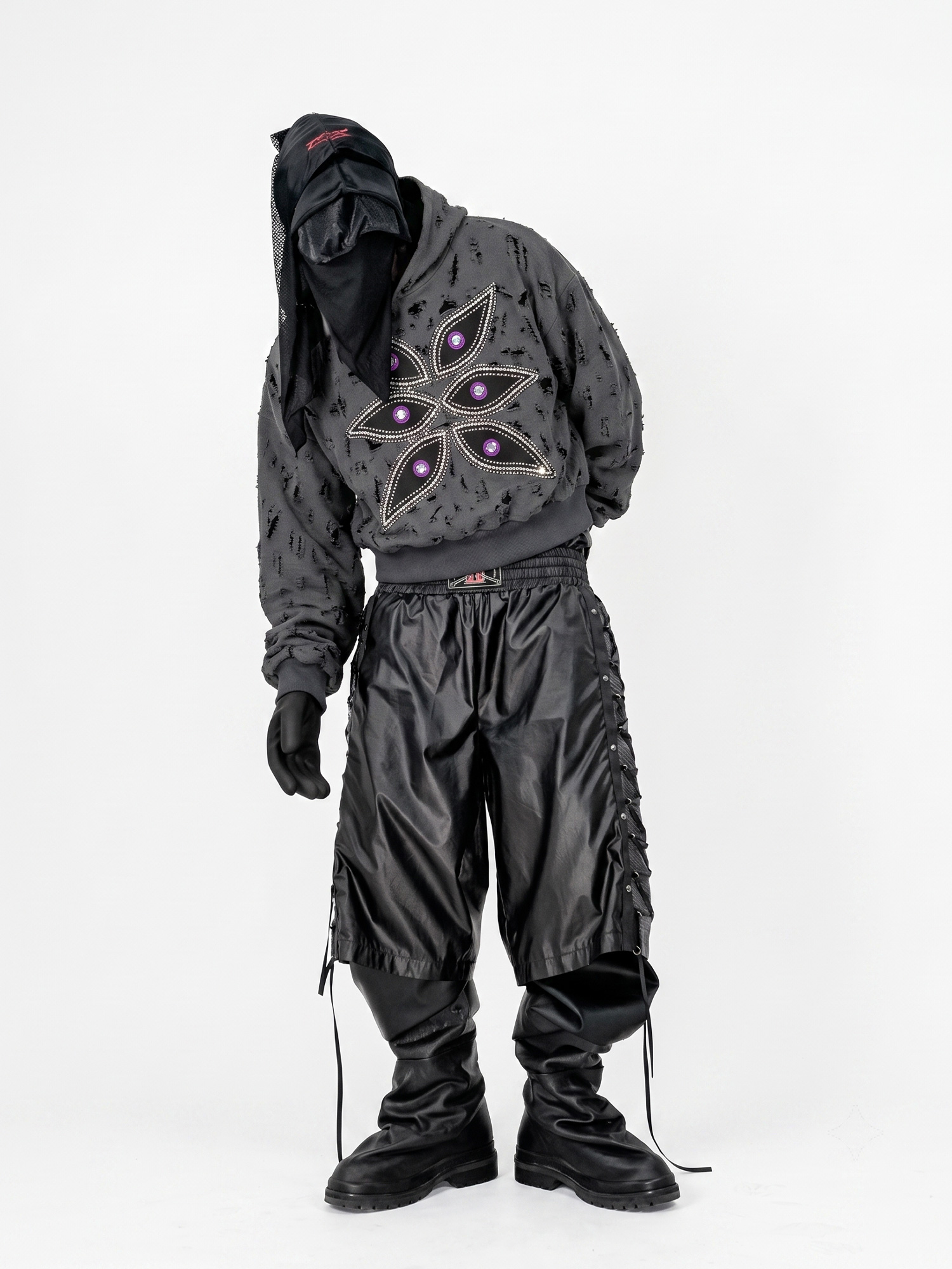 Distressed Acid-Wash Embroidered Rhinestone Hoodie