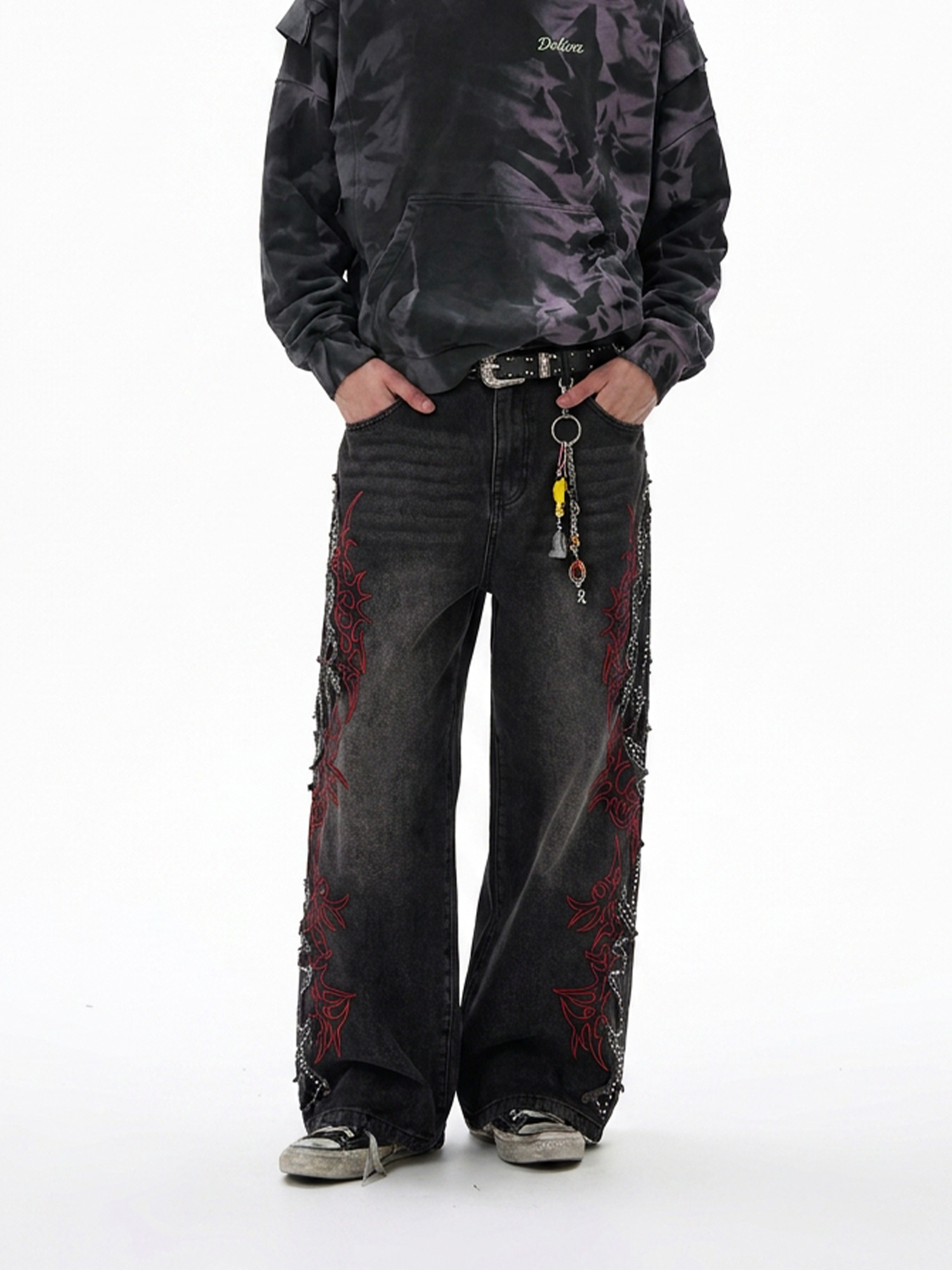 Embroidered Color-Block Jeans