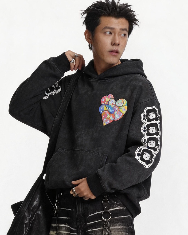 Acid Wash Print Applique Hoodie