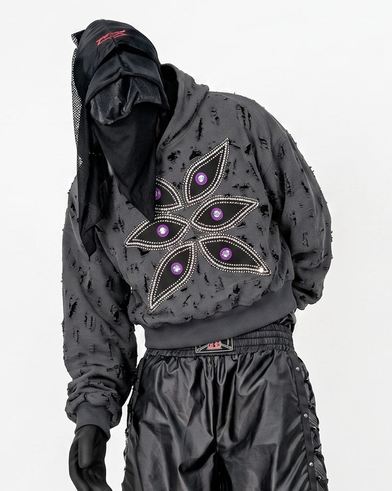 Rhinestone Applique Distressed Vintage Hoodie